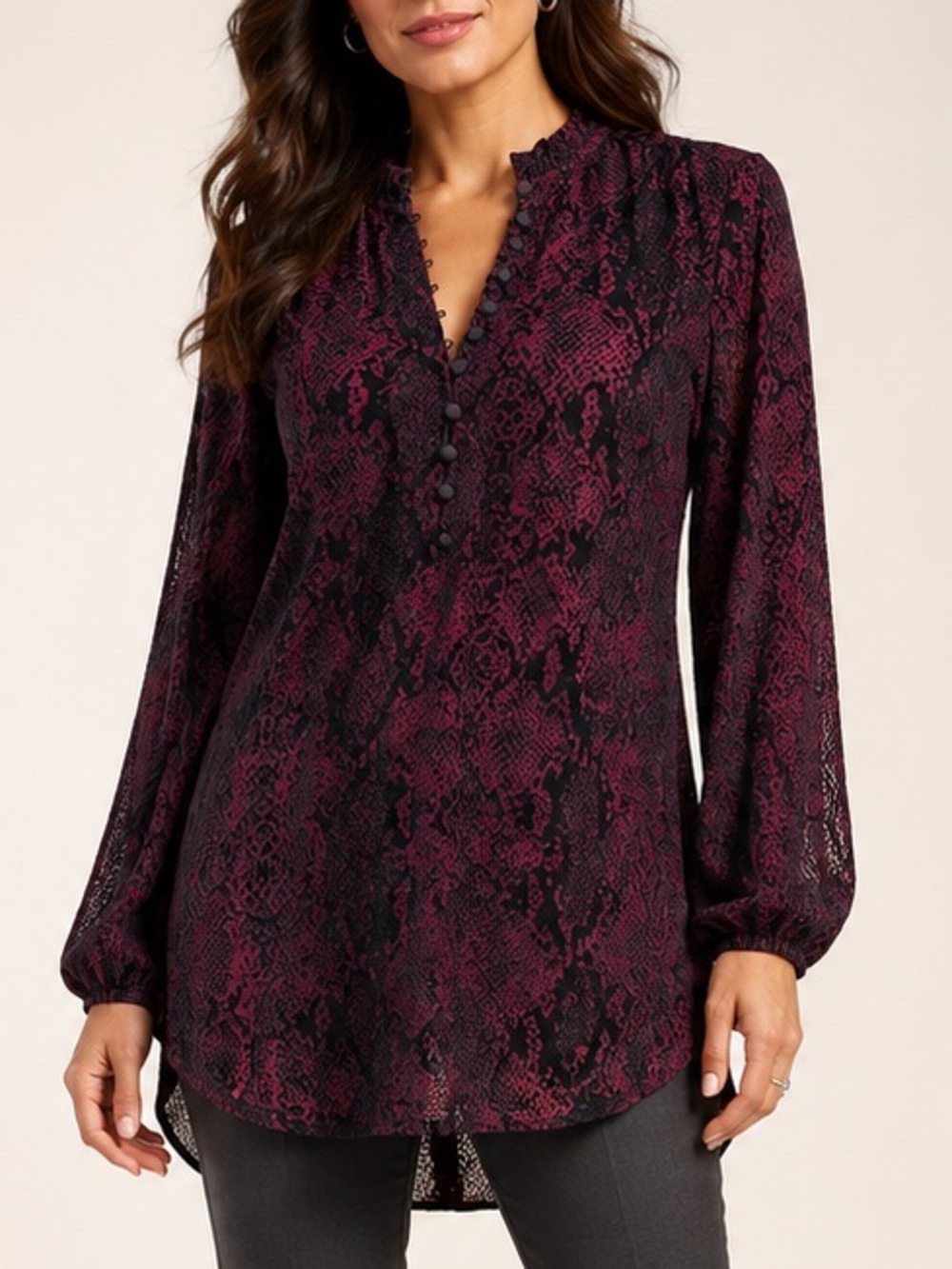 WHBM Velvet Burnout Snakeskin Tunic Top Purple Black Blouse Medium
